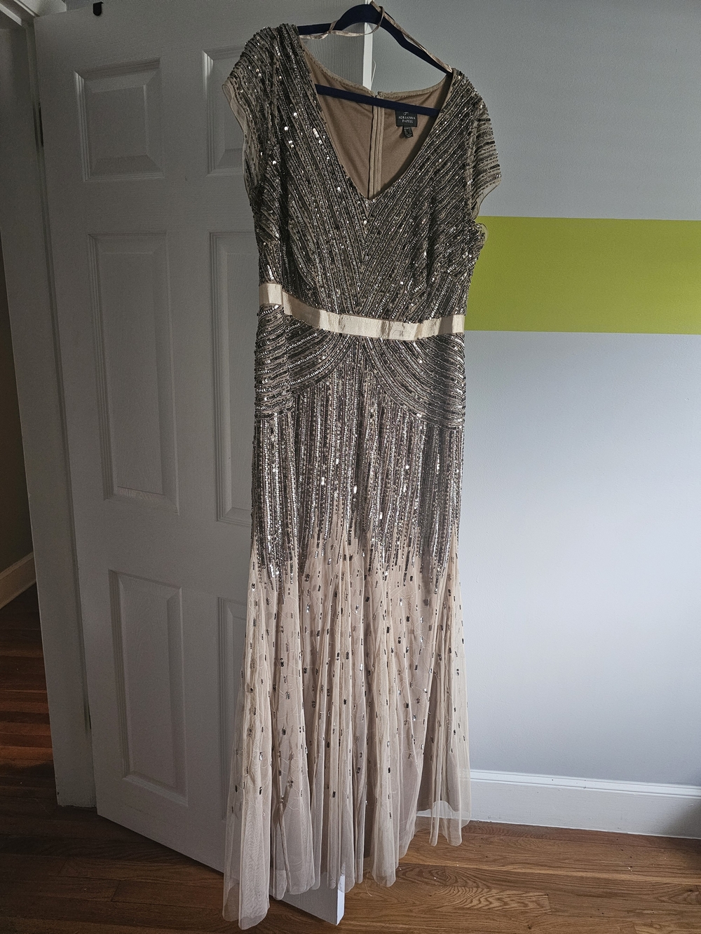 Adrianna Papell Beaded V-Neck Evening Gown in Champagne